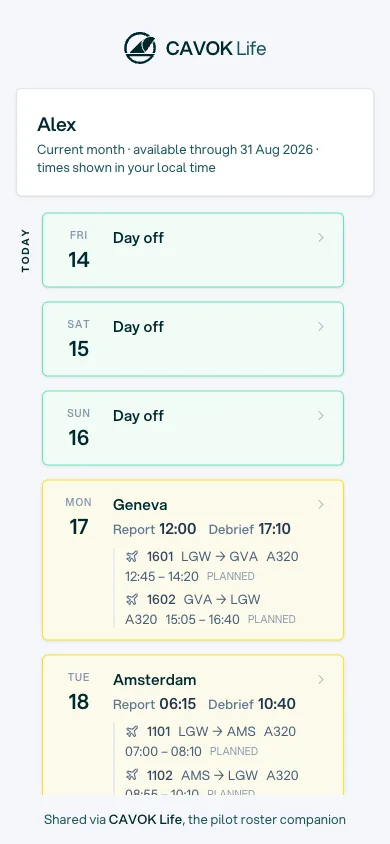 A live shared roster on a phone, showing days off this weekend and the next flights